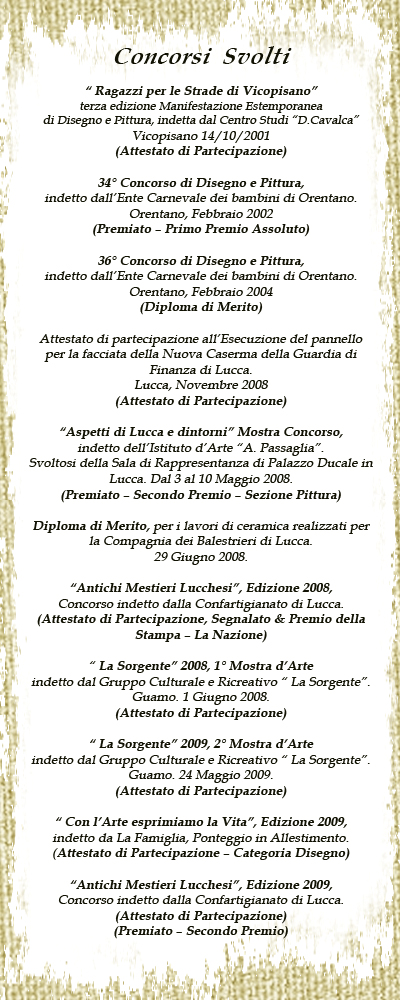 Partecipazione ai Seguenti Concorsi “Ragazzi per le Strade di Vicopisano” terza edizione. Manifestazione Estemporanea di Disegno e Pittura, indetta dal Centro Studi “D.Cavalca”. Vicopisano 14/10/2001 (Attestato di Partecipazione) 34° Concorso di Disegno e Pittura, indetto dell’Ente Carnevale dei Bambini di Orentano. Orentano ,Febbraio 2002 (Premiato – Primo Premio) 36° Concorso di Disegno e Pittura, indetto dall’Ente Carnevale dei Bambini di Orentano. Orentano, Febbraio 2004 (Diploma di Merito) Attestato di partecipazione all’Esecuzione del pannello per ,la facciata della Nuova Caserma della Guardia di Finanza di Lucca. Lucca- Novembre 2008. (Attestato di Partecipazione) “Aspetti di Lucca e dintorni”, Mostra Concorso, indetto dall’ Istituto d’Arte “A.Passaglia”. Svoltosi nella Sala di Rappresentanza di Palazzo Ducale in Lucca. Dal 3 al 10 Maggio 2008. (Premiato – Secondo Premio- Sezione Pittura) Diploma di Merito, per i lavori di ceramica realizzati per la Compagnia dei Balestrieri di Lucca. 29 Giugno 2008 “Antichi Mestieri Lucchesi”, Edizione 2008, Concorso indetto dalla Confartigianato di Lucca. (Attestato di Partecipazione, Segnalato & Premio della Stampa. La Nazione) “La Sorgente” 2008, 1° Mostra d’Arte, indetto dal Gruppo Culturale e Ricreativo “La Sorgente”. Guamo, 1 Giugno 2008. (Attestato di Partecipazione) “La Sorgente” 2009, 2° Mostra d’Arte , indetto dal Gruppo Culturale e Ricreativo “La Sorgente”. Guamo, 24 Maggio 2009. (Attestato di Partecipazione) “Con l’Arte esprimiamo la Vita”, Edizione 2009, indetto da La Famiglia, Ponteggio in Allestimento. (Attestato di Partecipazione- Categoria Disegno) “Antichi Mestieri Lucchesi”, Edizione 2009,Concorso indetto dalla Confartigianato di Lucca. (Attestato di Partecipazione, Premiato – Secondo Premio)