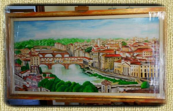 Quadro " Vista sui ponti di Firenze". Partendo da una vecchia fotografia, ho realizzato questa nuova inquadratura, con un ingradimento a mano. Dipinto realizzato su tavola di compensato dalle misure atipiche, molto grande. La luce permea e richiara ogni cosa sul quadro, la luce va a rivitalizzare le vecchie case ed abitazioni della Firenze . Particolare è il gioco del riflesso sulla luce del fiume.