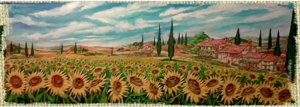 Quadro " Campi di Girasoli " . Realizzato su tela, di grandi dimensioni, questo paesaggio rappresenta una campagna in piena estate quando i girasoli son soliti far bella vista. Camminiamo e avanti a noi abbiamo una distesa di girasoli, lo sguardo va a posarsi sul cielo, ove il vento sposta le nubi portandole lontane da noi con le veloci correnti d'aria. Più avanti un filare di casolari rende un senso di accoglienza rurale.